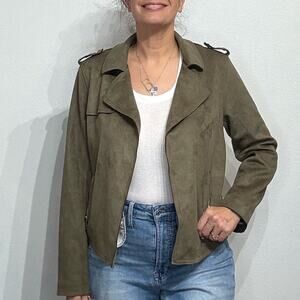 Tahari Moss Green Faux Suede Open Front Moto Jacket Sz L NWT